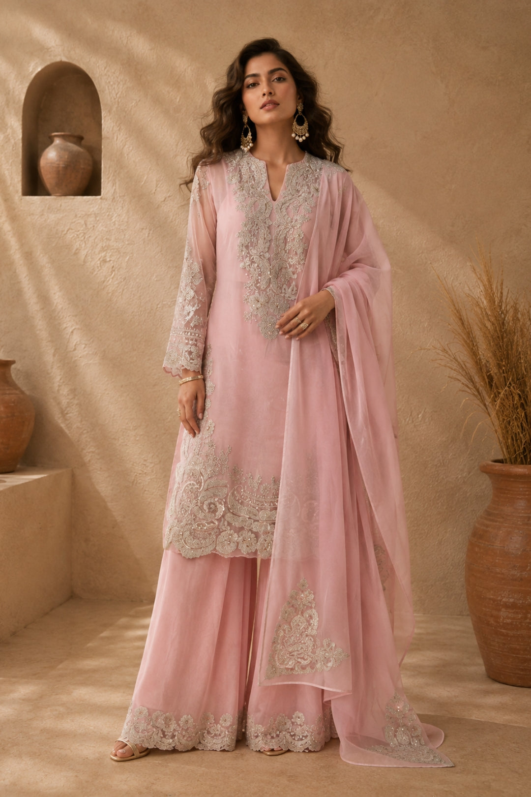 Blush Pink Silver Embroidered Sharara Set