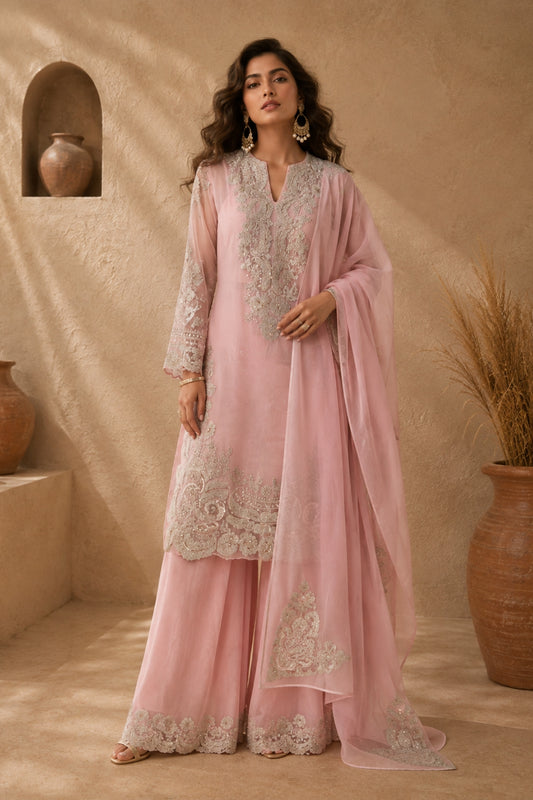 Blush Pink Silver Embroidered Sharara Set