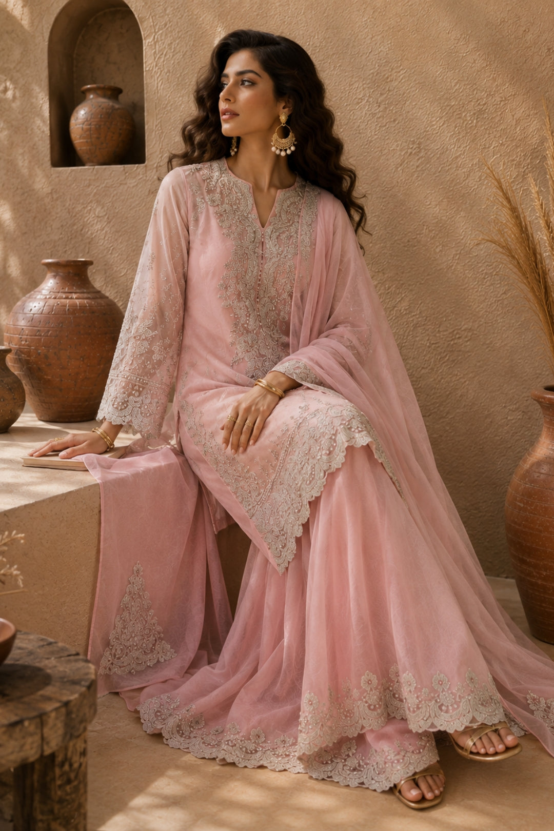 Blush Pink Silver Embroidered Sharara Set