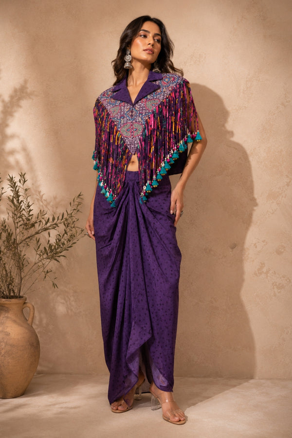 Purple Fringe Skirt Set