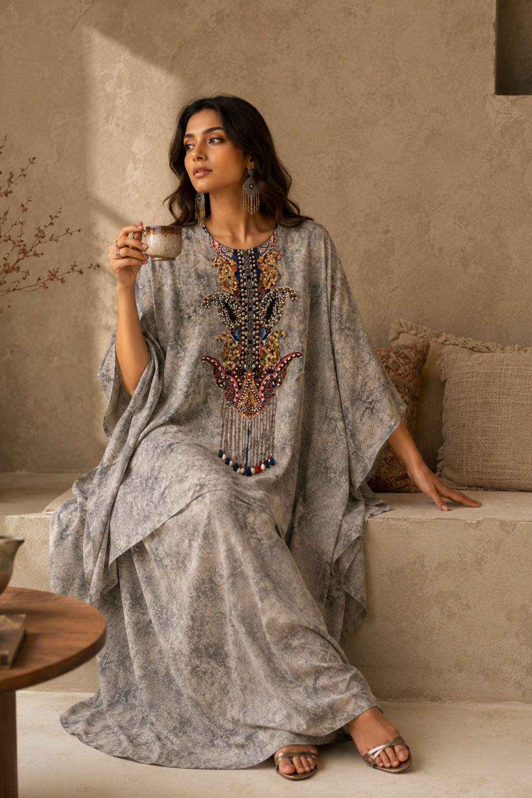 Grey Stone-Wash Kaftan Set
