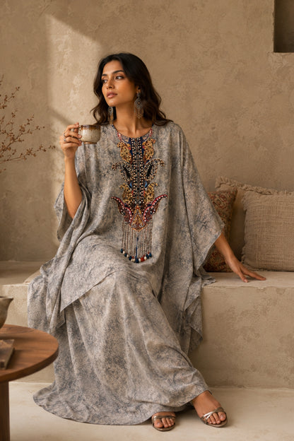 Grey Stone-Wash Kaftan Set