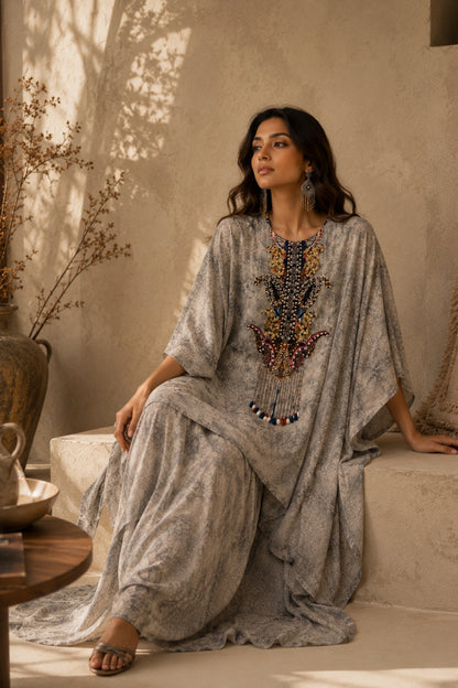 Grey Stone-Wash Kaftan Set