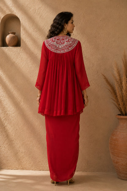 Red Zardozi Peplum Draped Set