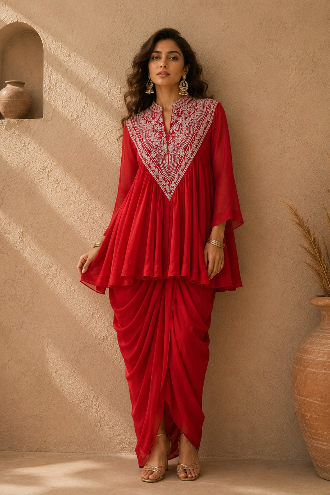 Red Zardozi Peplum Draped Set