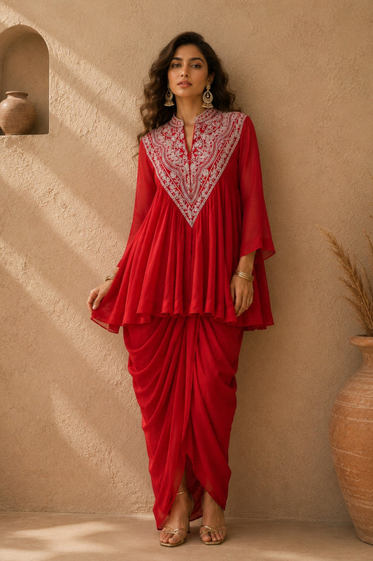 Red Zardozi Peplum Draped Set