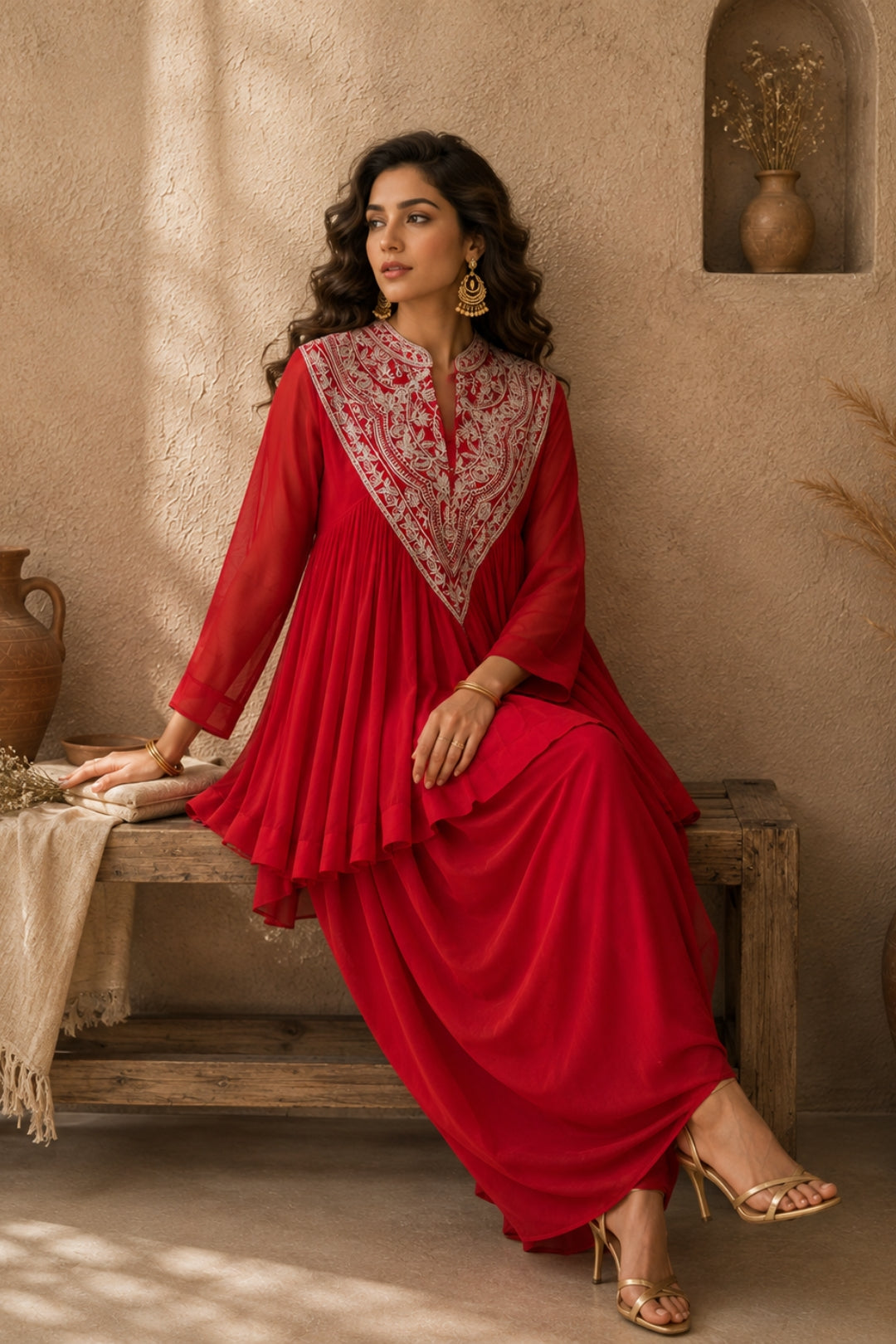 Red Zardozi Peplum Draped Set