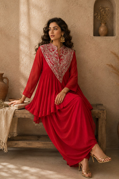 Red Zardozi Peplum Draped Set