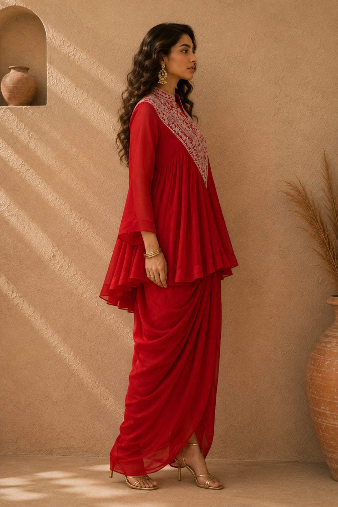 Red Zardozi Peplum Draped Set