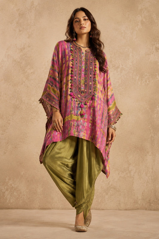 Pink-Olive Tie-Dye Kaftan Set