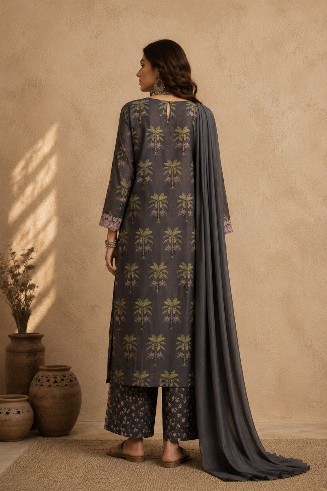 Charcoal Palm Kurta Set