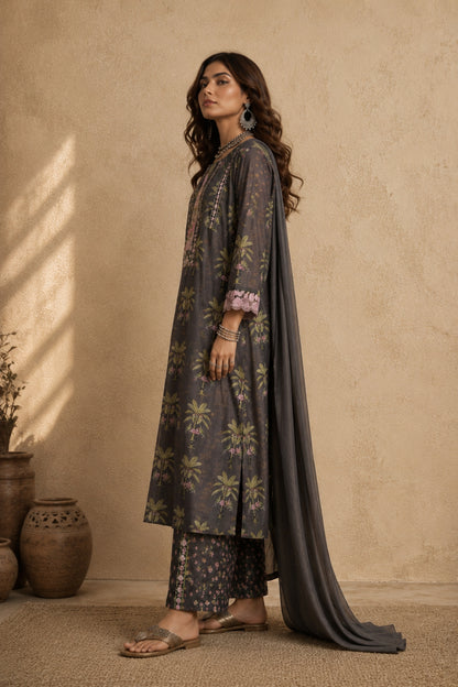Charcoal Palm Kurta Set