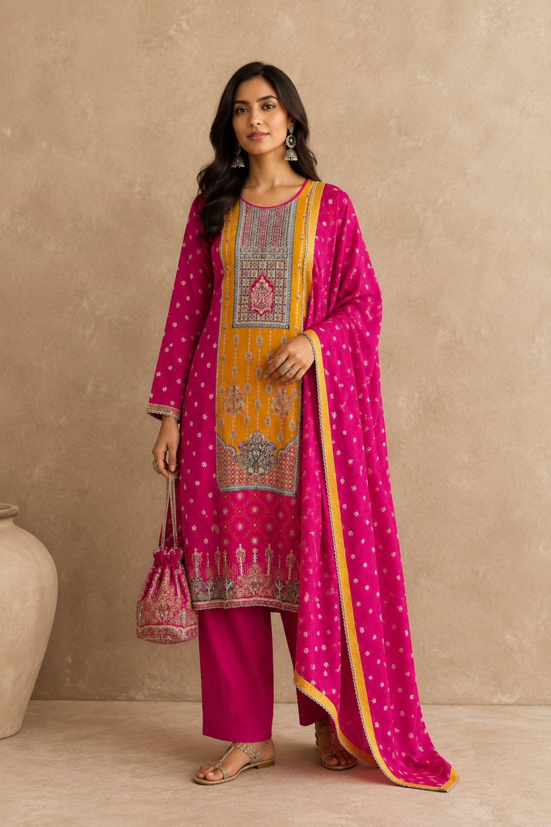 Rani Pink Kurta with a Mustard Tapestry Set