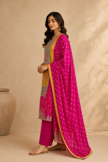 Rani Pink Kurta with a Mustard Tapestry Set