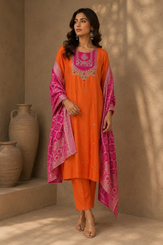 Orange and Fuchsia Kurta Set