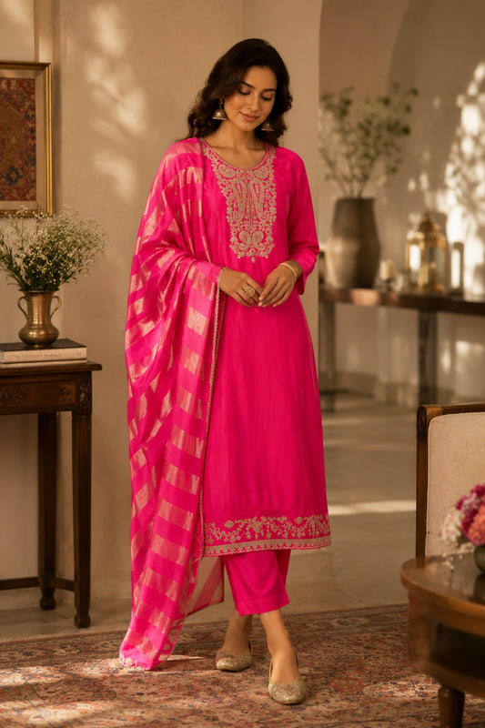 Rani Pink Silk Kurta Set