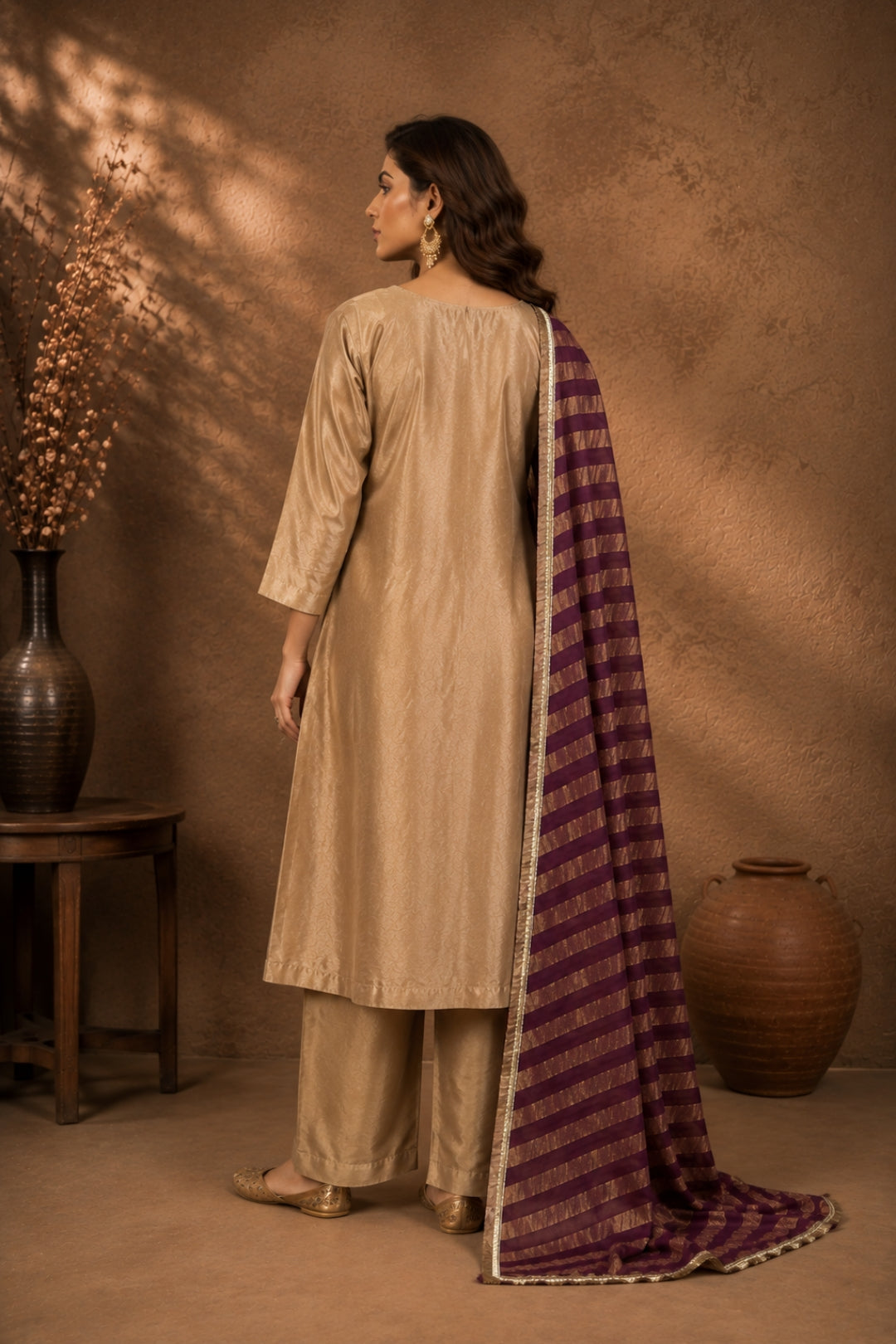 Beige-Gold Kurta Tassel Set