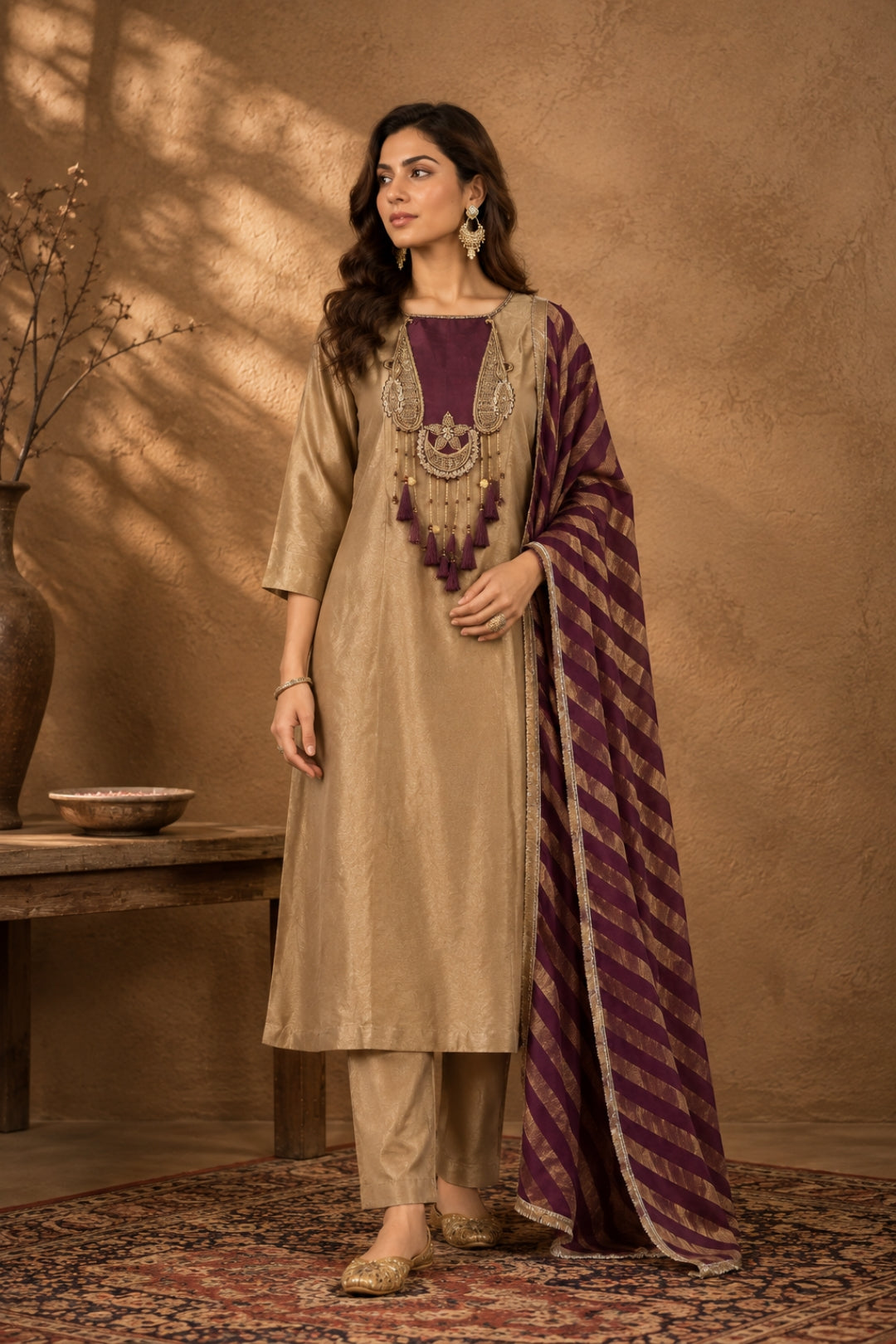 Beige-Gold Kurta Tassel Set