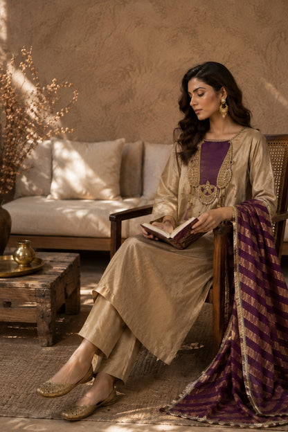 Beige-Gold Kurta Tassel Set