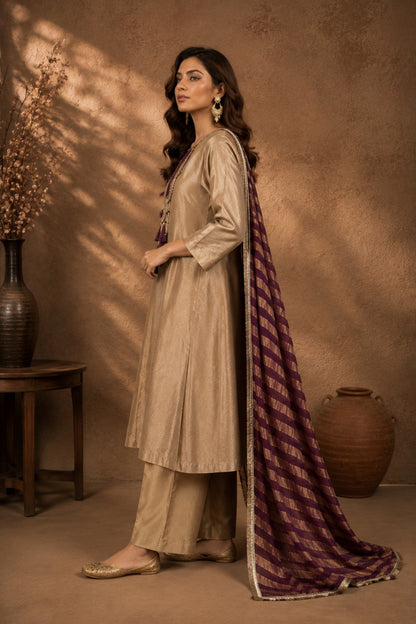 Beige-Gold Kurta Tassel Set