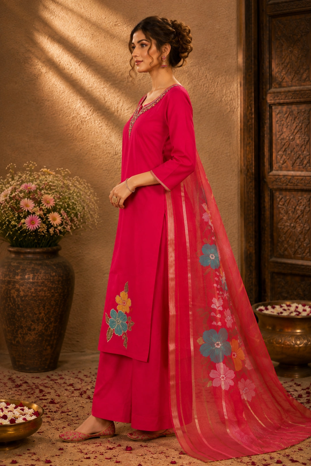 Red Embroidered Kurta Set