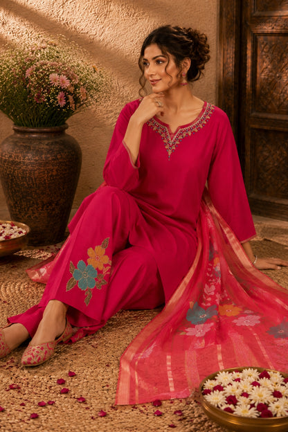 Red Embroidered Kurta Set