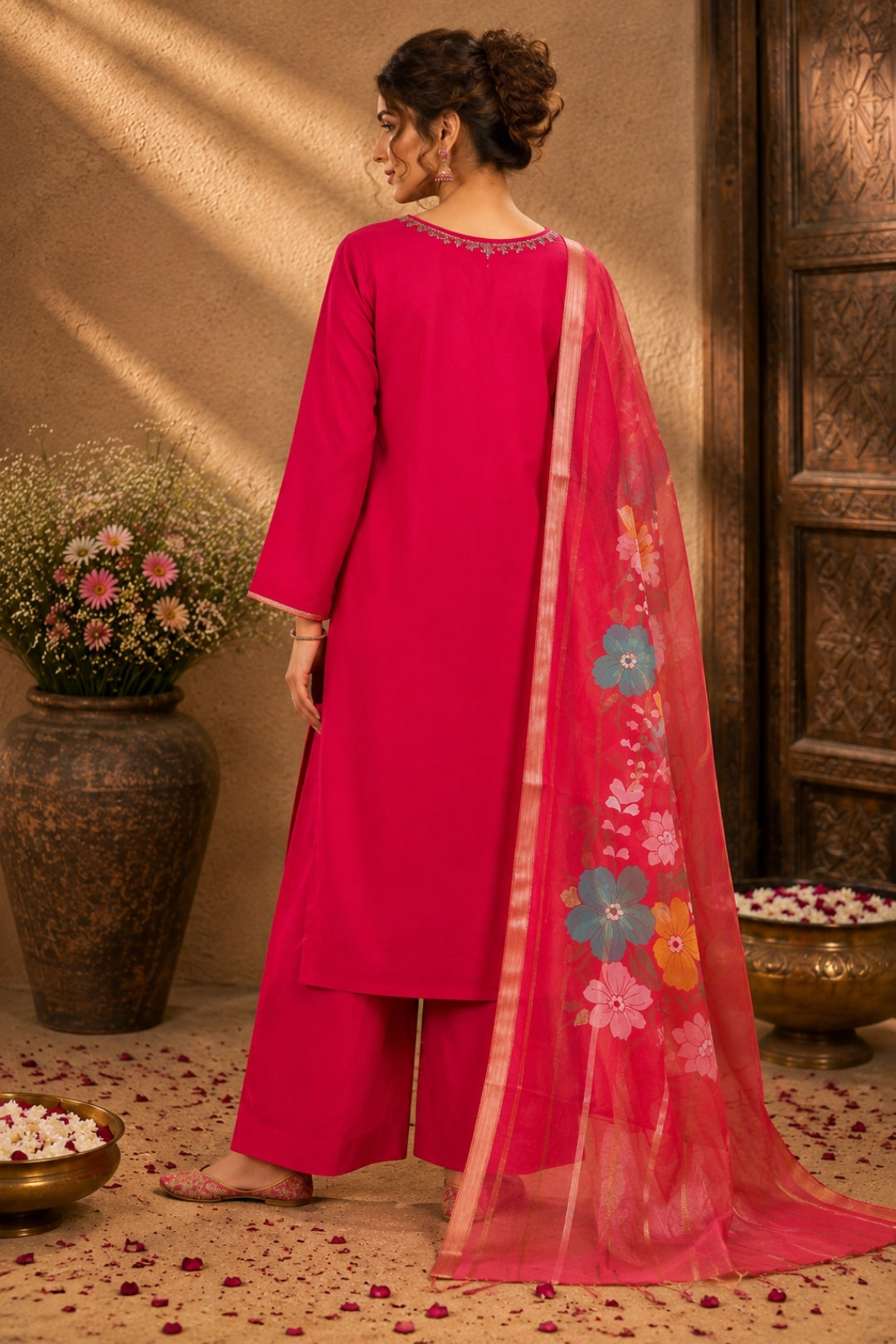 Red Embroidered Kurta Set