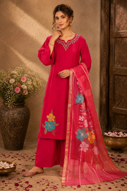 Red Embroidered Kurta Set