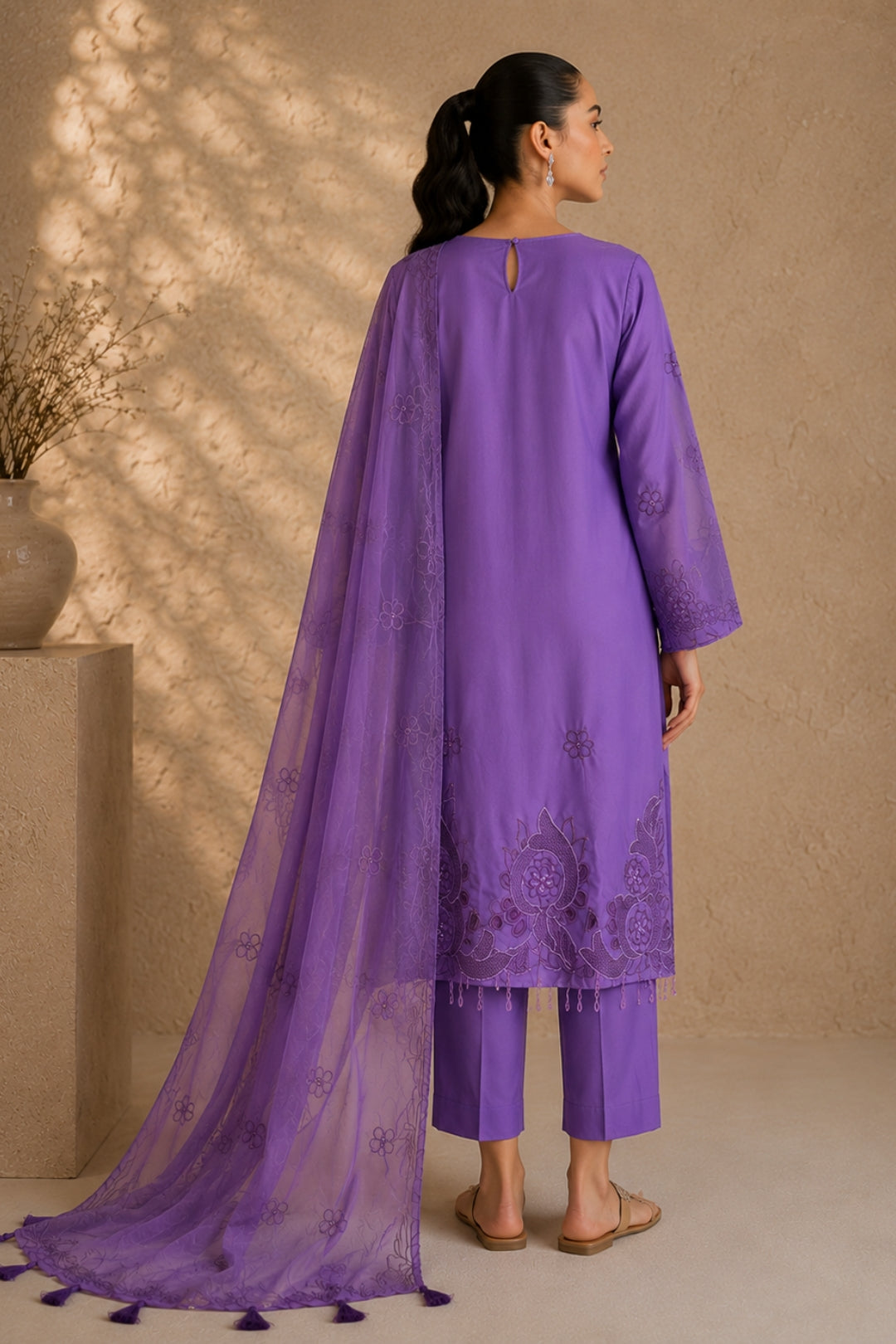 Lavender Floral Embroidered Kurta Set
