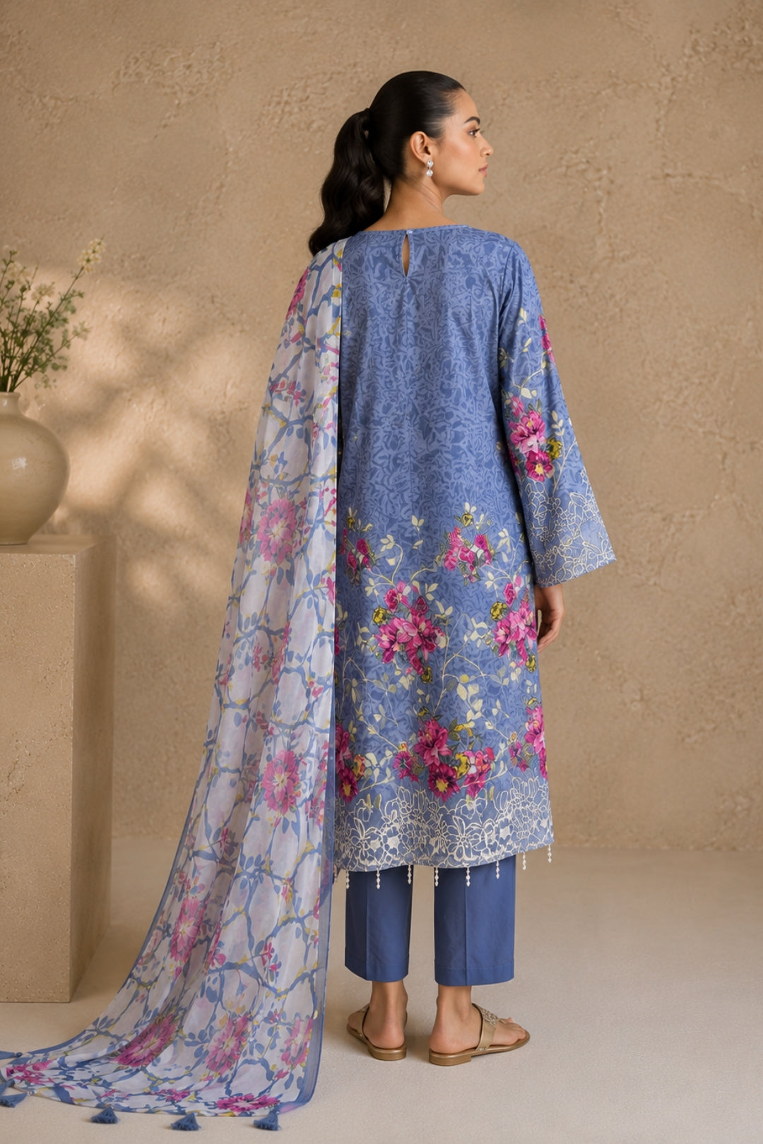 Blue Floral Cotton Kurta Set