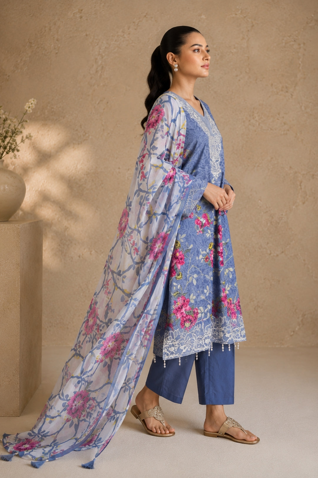 Blue Floral Cotton Kurta Set