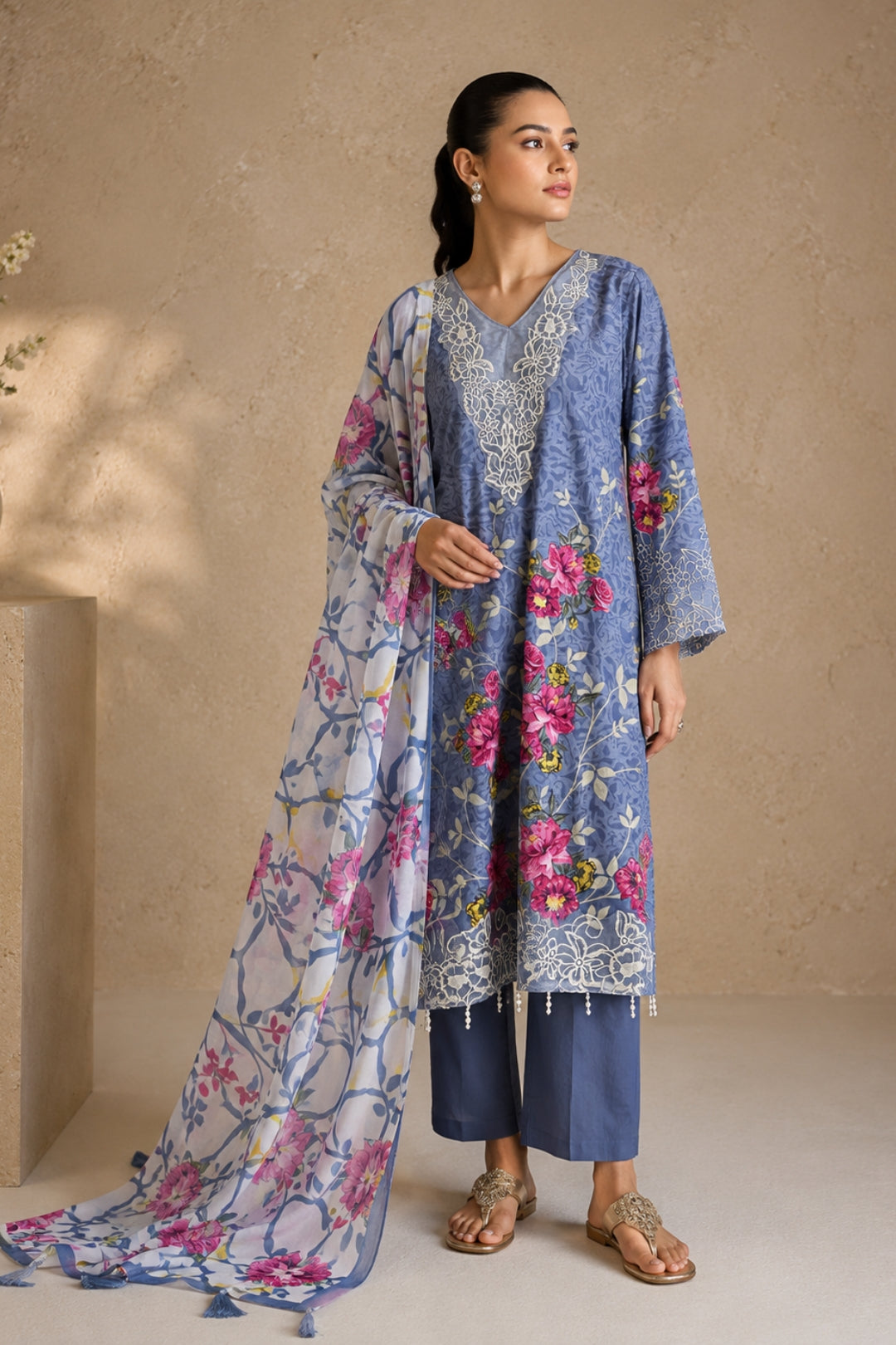 Blue Floral Cotton Kurta Set