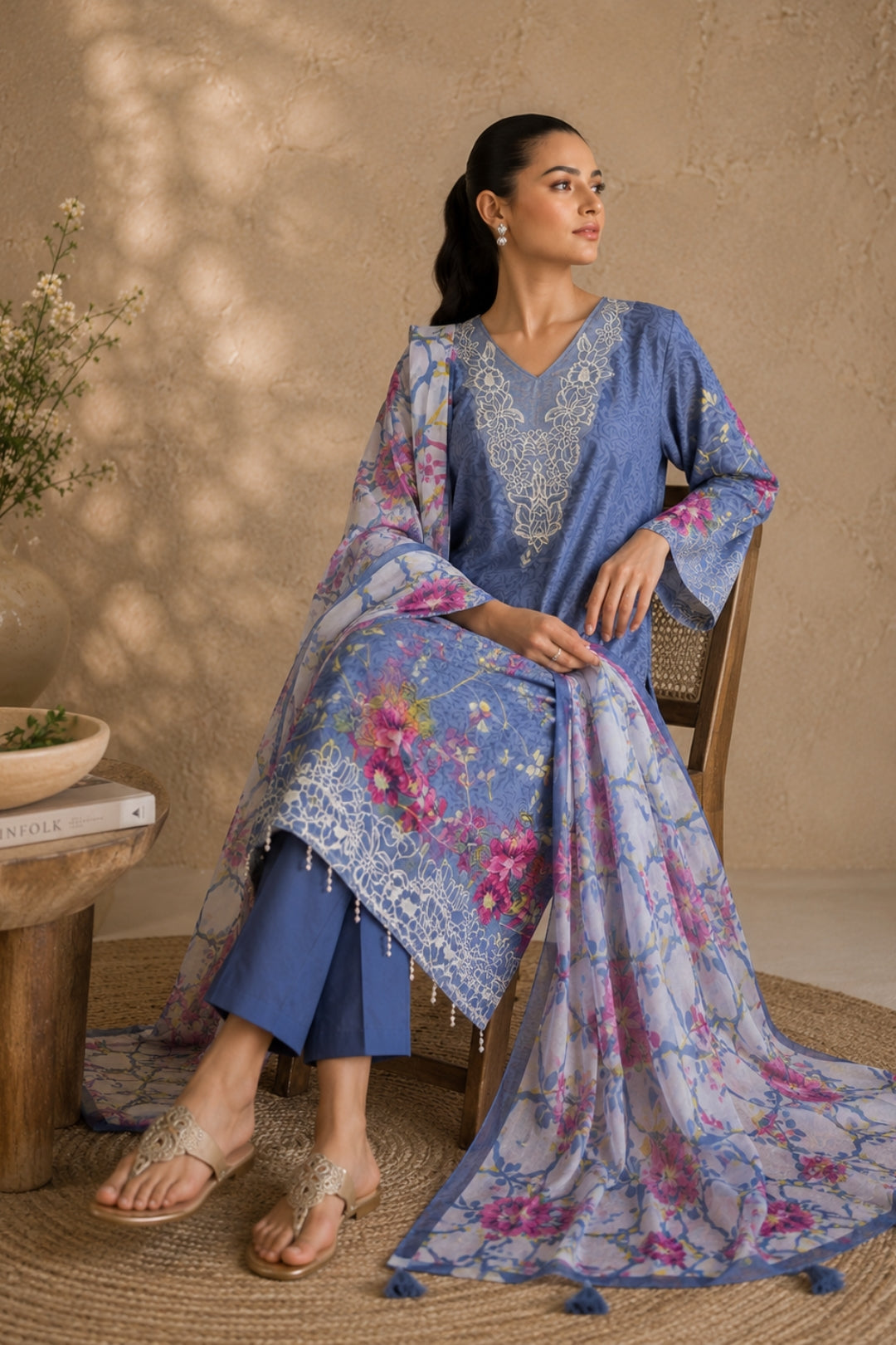 Blue Floral Cotton Kurta Set