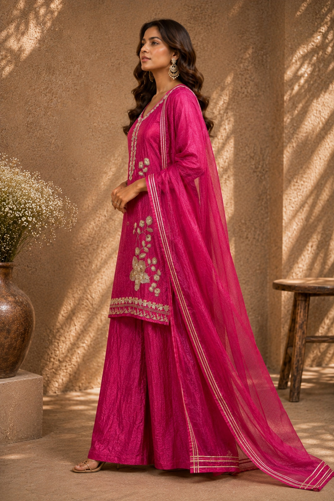 Scarlet Bloom Crushed Tissue Kurta Set