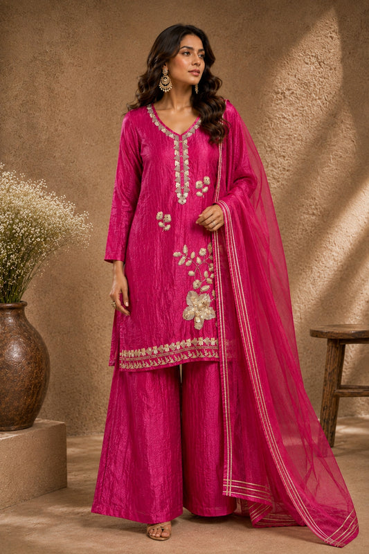 Scarlet Bloom Crushed Tissue Kurta Set