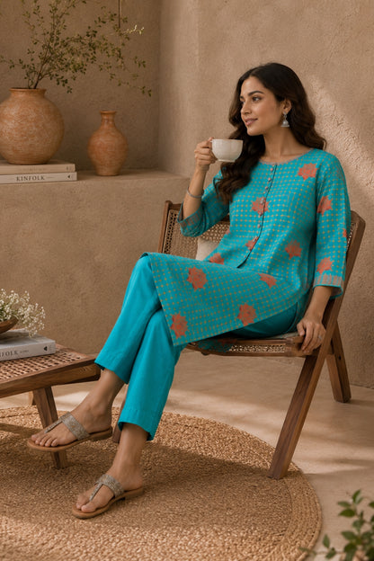 Turquoise Lotus Kurta Set
