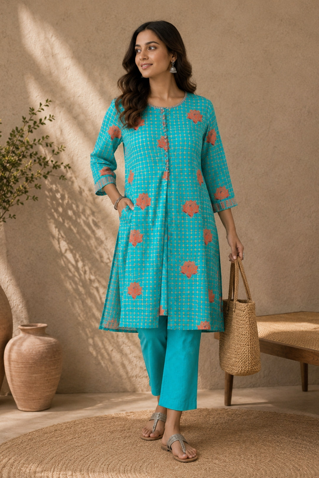 Turquoise Lotus Kurta Set