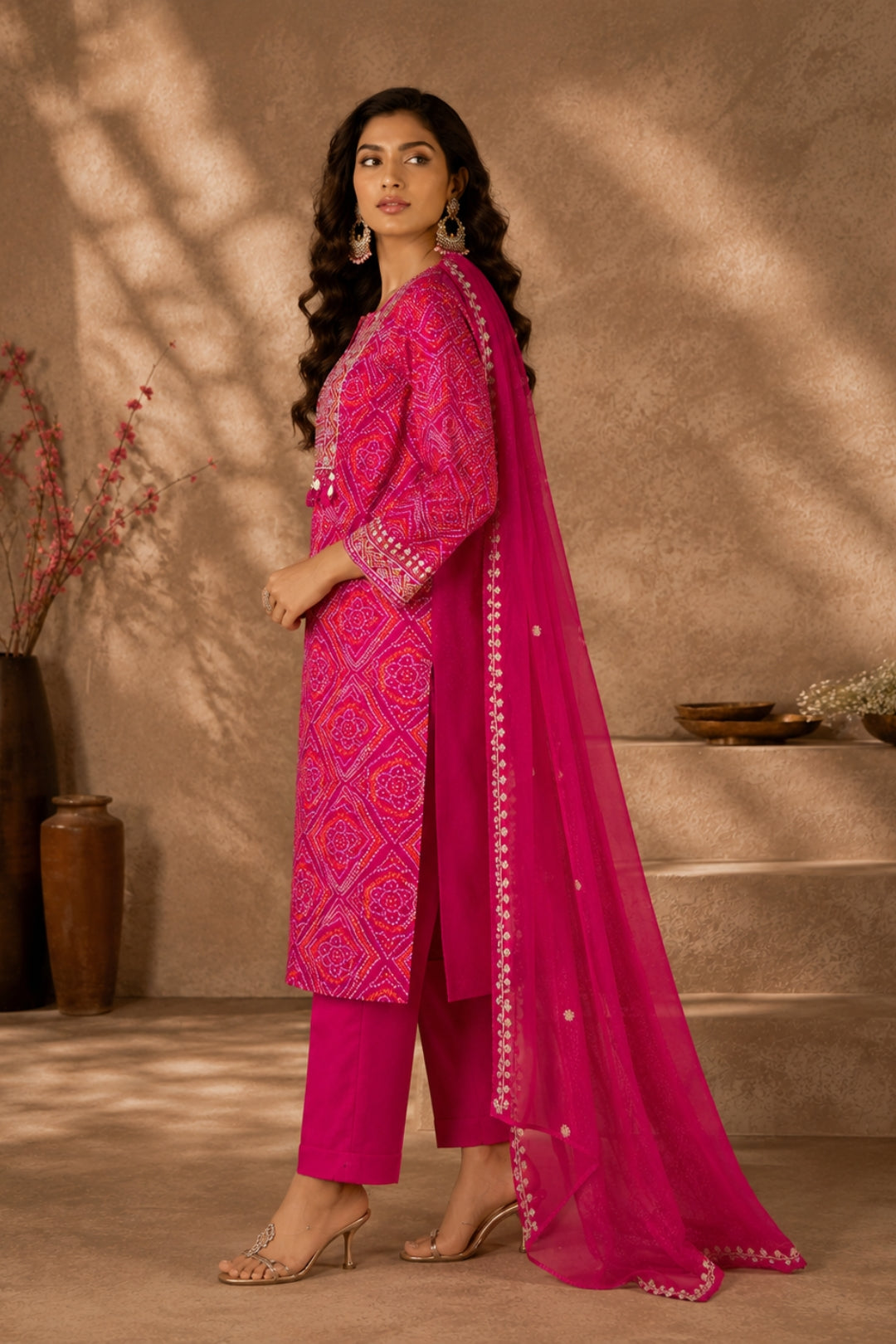 Pink Bandhani Zari Kurta Set