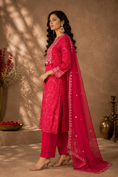 Red Bandhani Zari Kurta Set