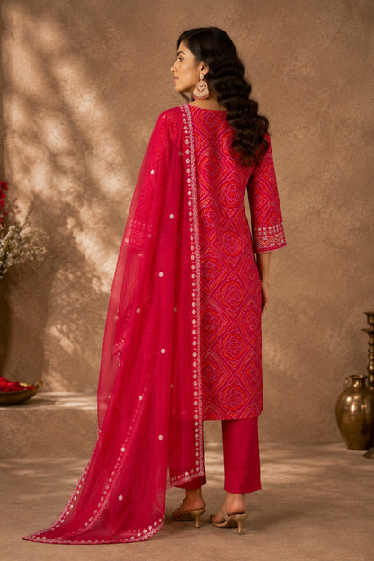 Red Bandhani Zari Kurta Set