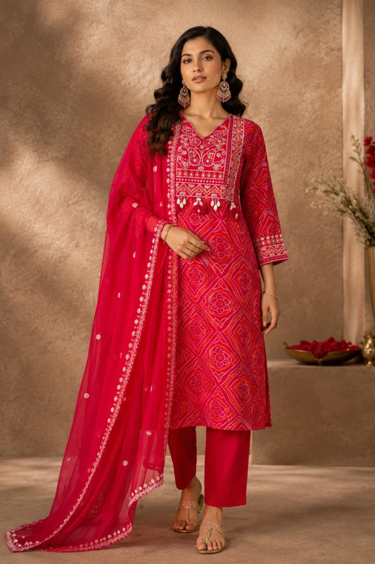 Red Bandhani Zari Kurta Set