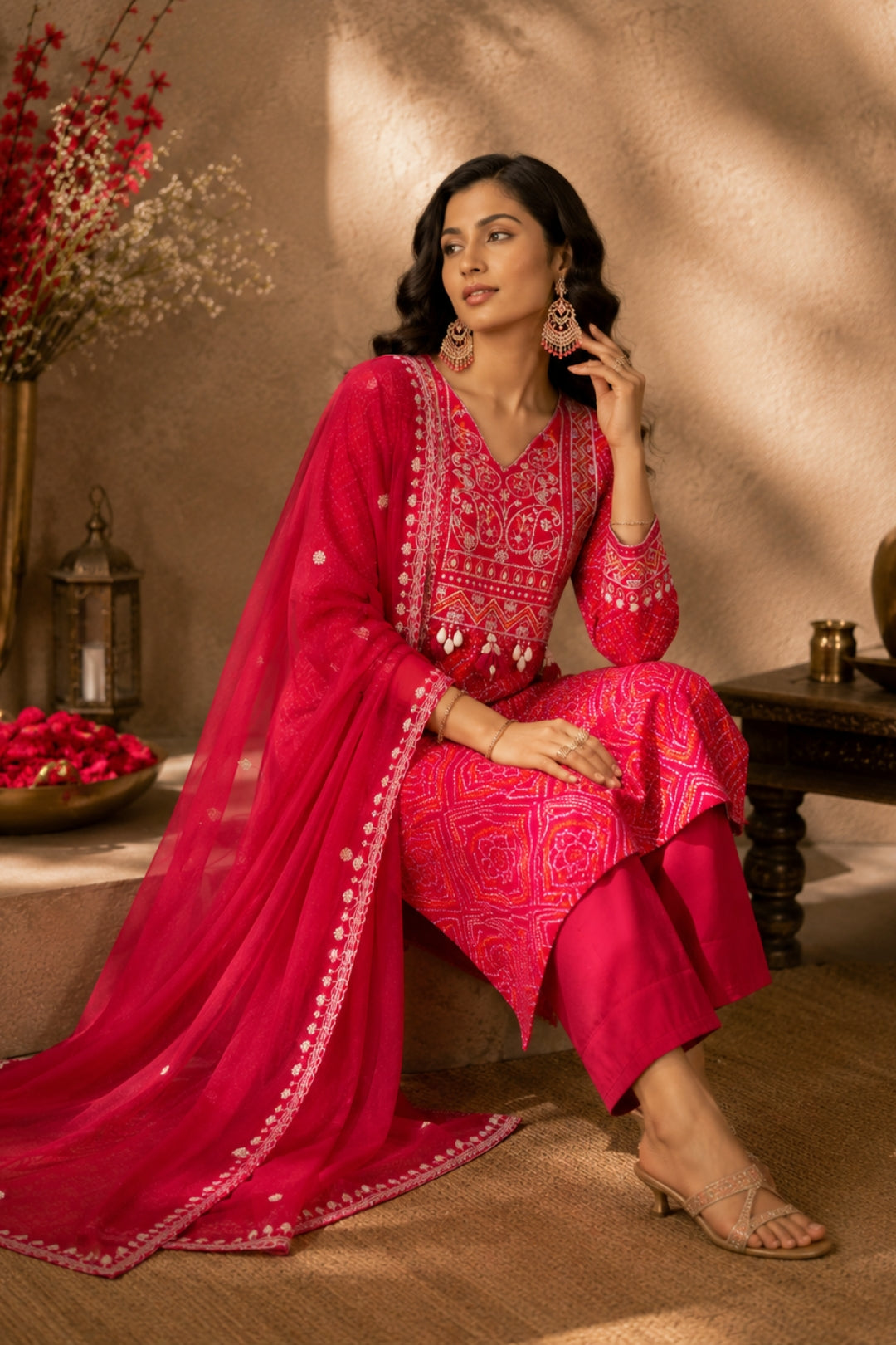 Red Bandhani Zari Kurta Set