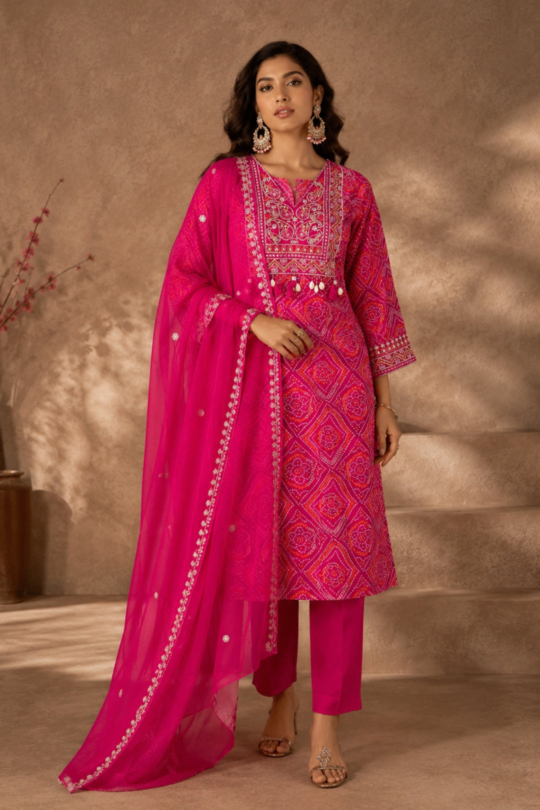 Pink Bandhani Zari Kurta Set