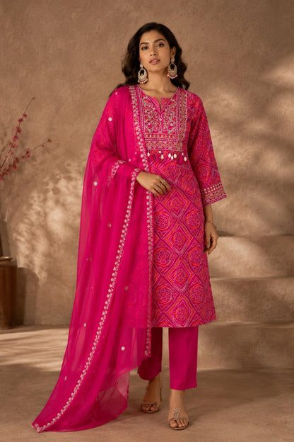 Pink Bandhani Zari Kurta Set