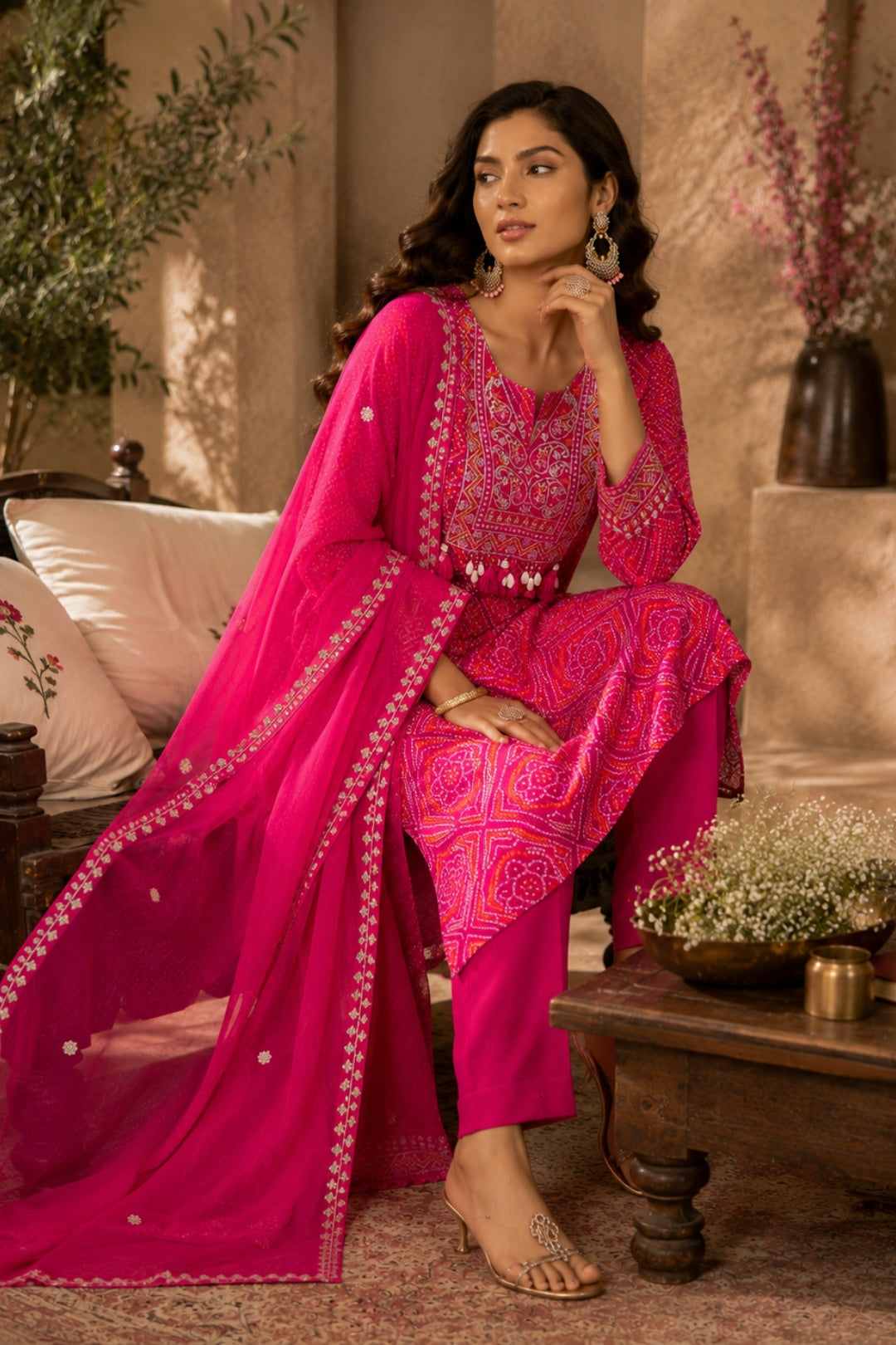 Pink Bandhani Zari Kurta Set