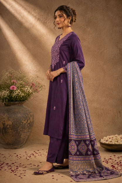 Purple Satin Kurta Set