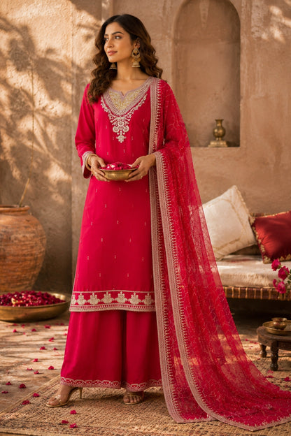 Red Silver Embroidered Sharara Set