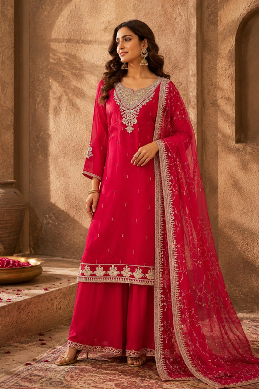Red Silver Embroidered Sharara Set