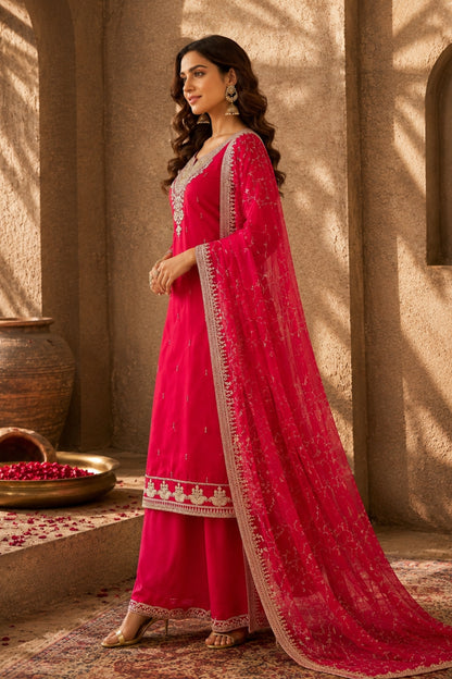 Red Silver Embroidered Sharara Set