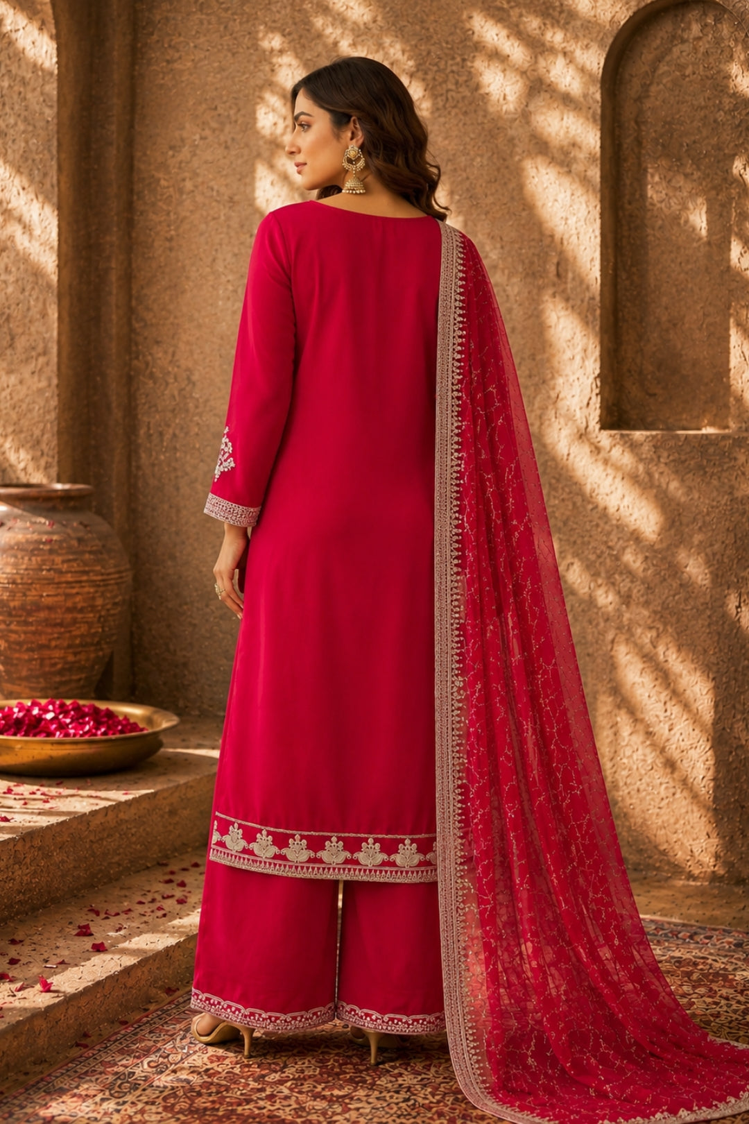 Red Silver Embroidered Sharara Set